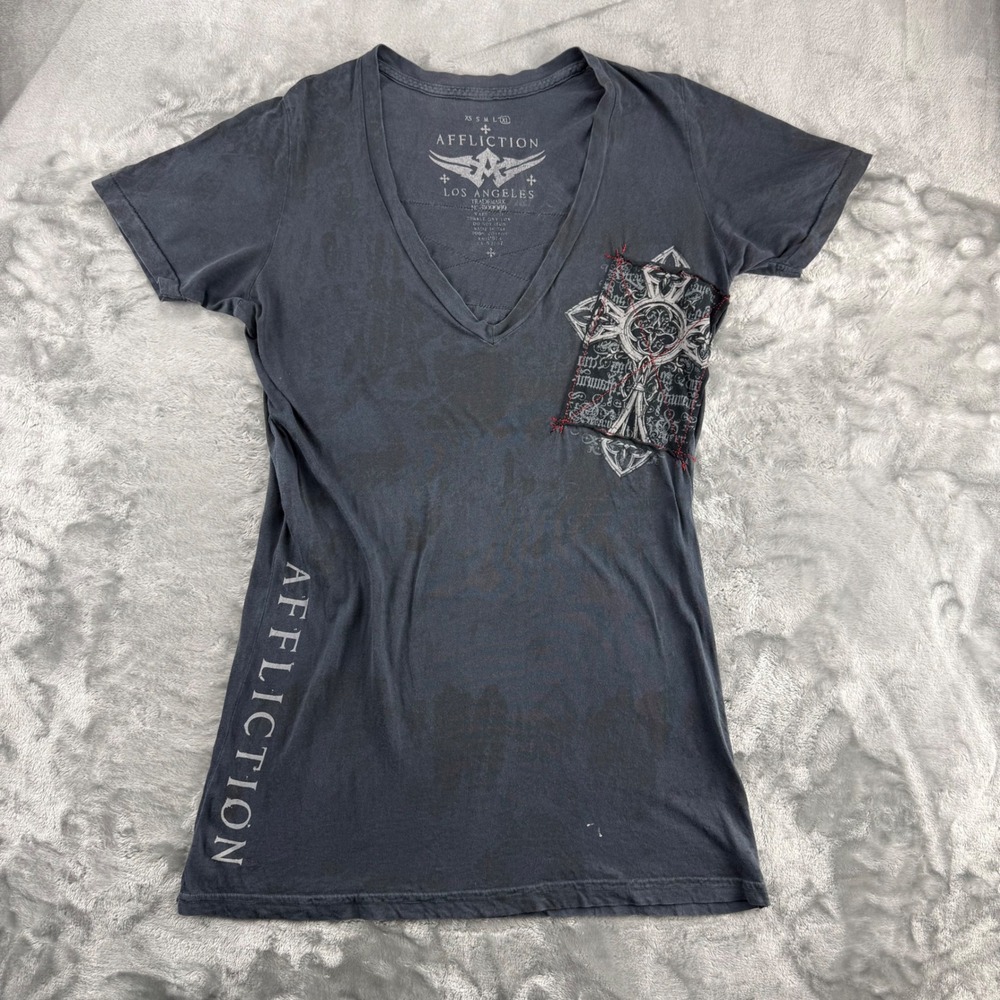 Affliction Los Angeles V-Neck Graphic T-Shirt Gray BLACK Y2K Distressed Wings XL